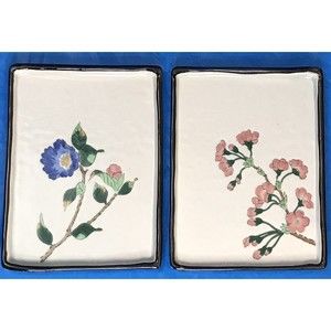 Vintage Lot 2 Ceramic Rectangle Decorative Tray With Flowers From Xiziang China